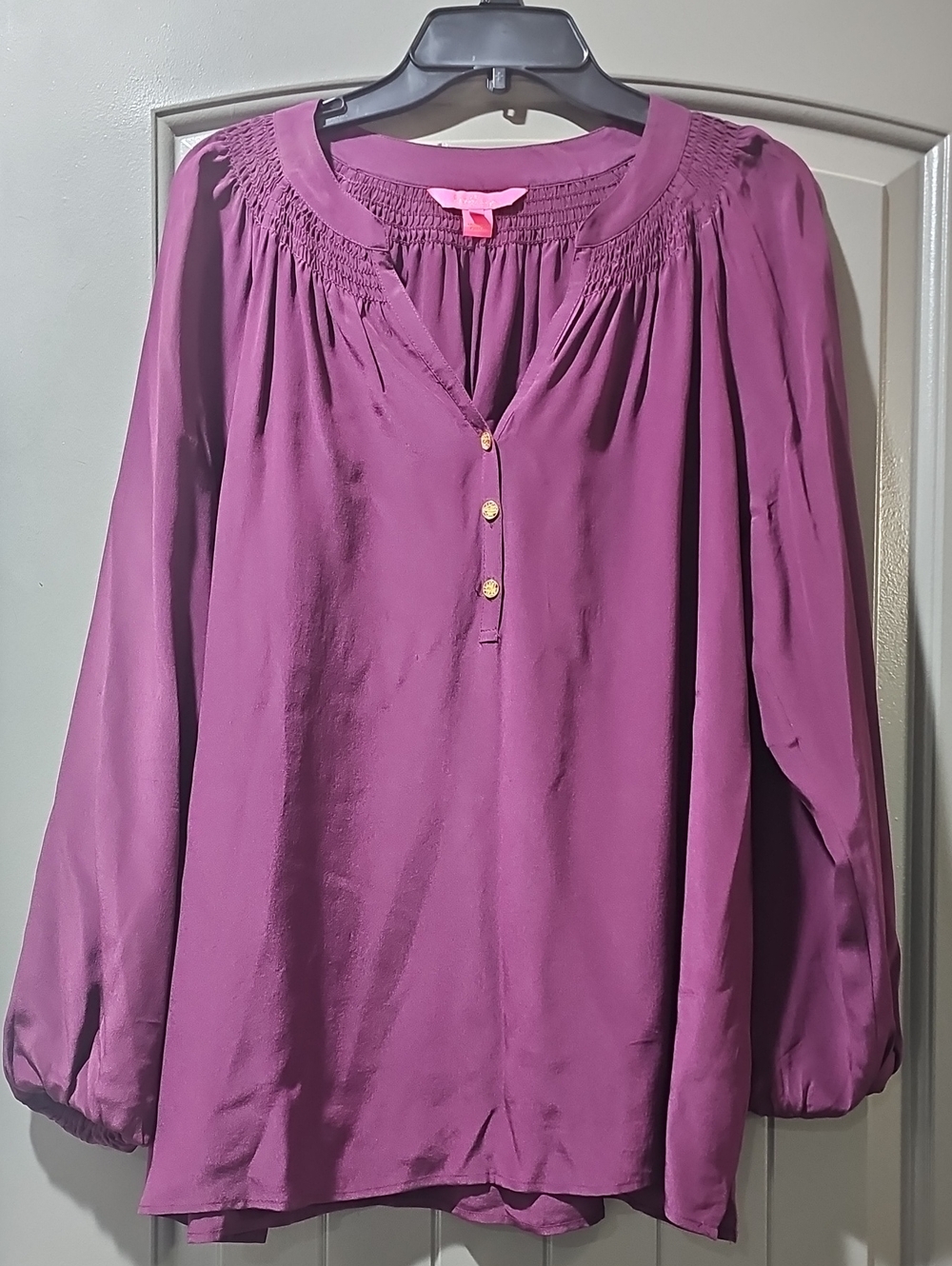Lilly Pulitzer Plum Smocked Yoke Long-Sleeve Blouse (D)